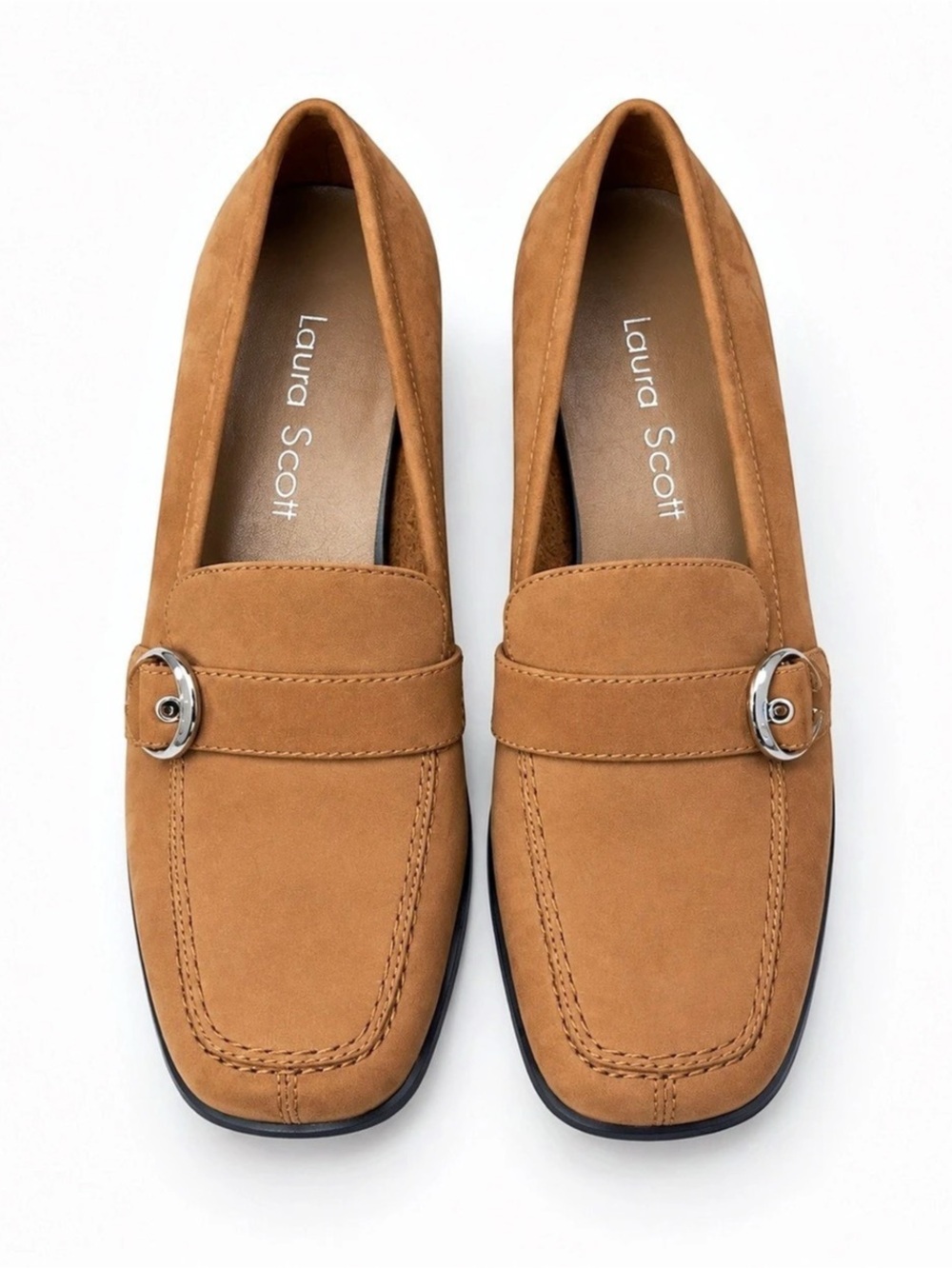 Laura Scott Block Heel Buckle Loafers in Brown Like New